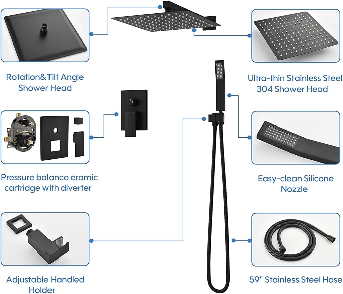 WELLFOR 12-In Wall Mounted Rain Shower Faucet - Image 10