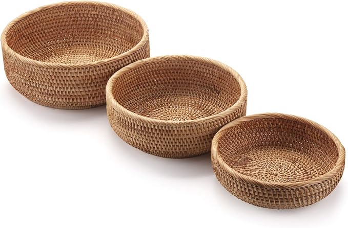 Round Rattan Fruit Baskets Woven Storage Bowls Key Holder Stackable - Image 8
