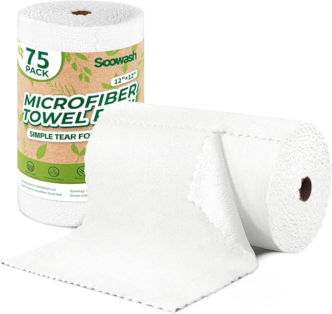 Microfiber Cleaning Cloths Roll, 75 Pack Tear Away Microfiber Towels Roll by SOOWASH