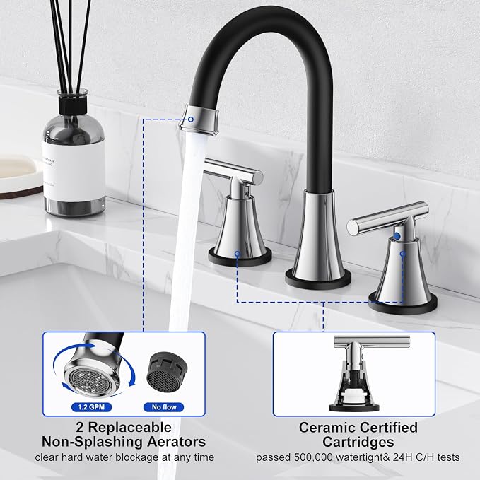 Bathroom Faucets for Sink 3 Hole, Hurran Black& Chrome Bathroom Sink Faucet - Image 4