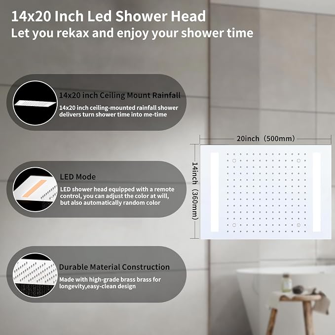 Bathroom shower system Ceiling 14x20 inch shower head, spray - Image 2