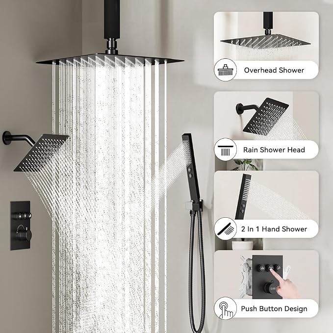 Shower Faucet Set Matte Black Shower System, Can Use All at Once, Thermostatic - Image 3