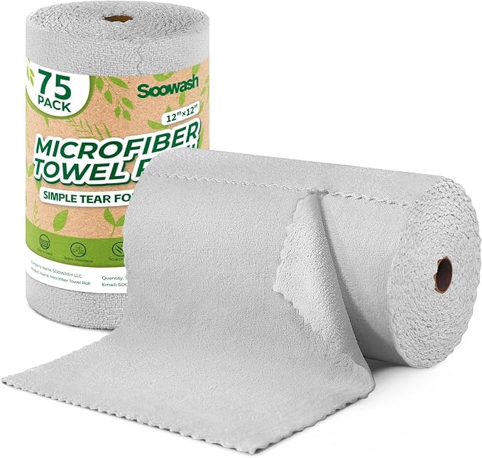 Microfiber Cleaning Cloths Roll, 75 Pack Tear Away Microfiber Towels Roll by SOOWASH