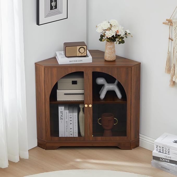 AVZEAR Modern Corner Cabinet, Mid Century Curved Corner Storage Shelf by AVZEAR