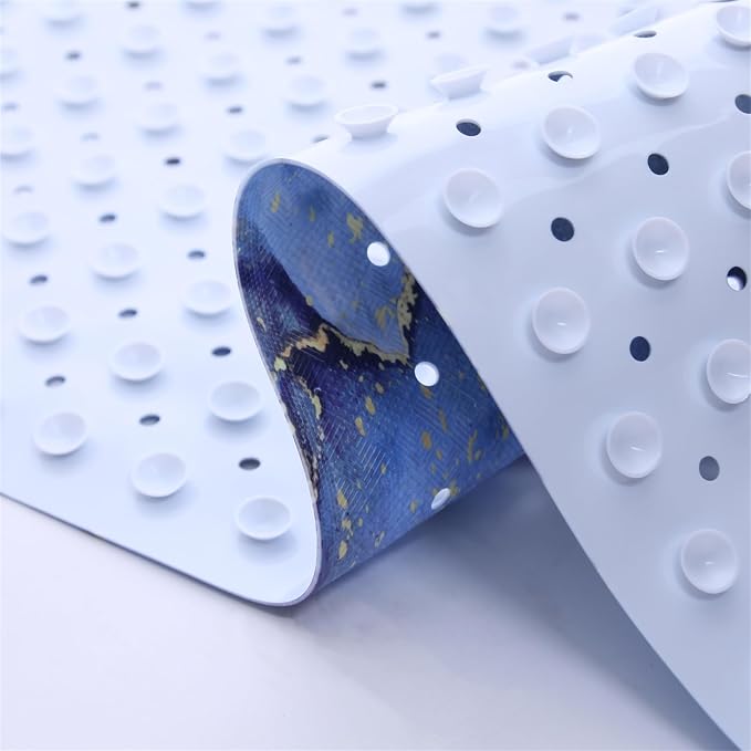 Blue Bathtub Mat Non Slip Marble Gold Line Extra Long Bath Mat - Image 6