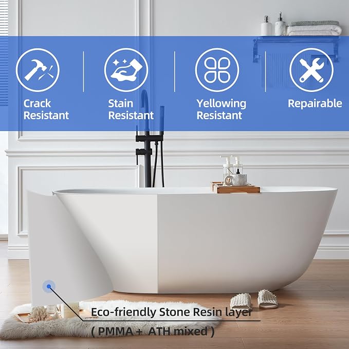 Cpingao 55" Stone Resin Solid Surface Freestanding Bathtub, Modern Elegant - Image 6