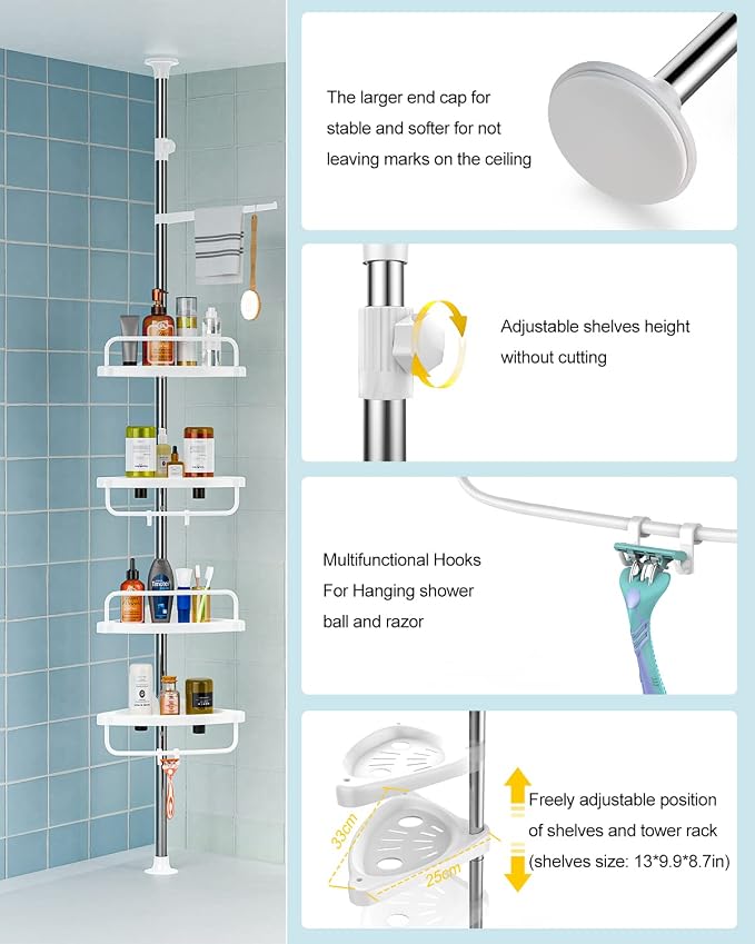 4 Layer Corner Shower Caddy, Stainless Steel ​Constant Tension Pole Shower - Image 5