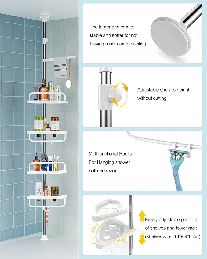ADOVEL 4 Layer Corner Shower Caddy, Stainless Steel Constant Tension Pole - Image 5