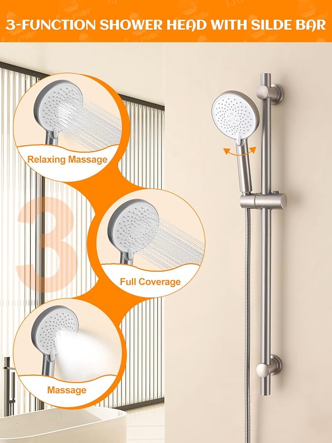 Handheld Shower Head with Slide Bar, 2.5GPM High Pressure 3-Function Adjustable - Image 2