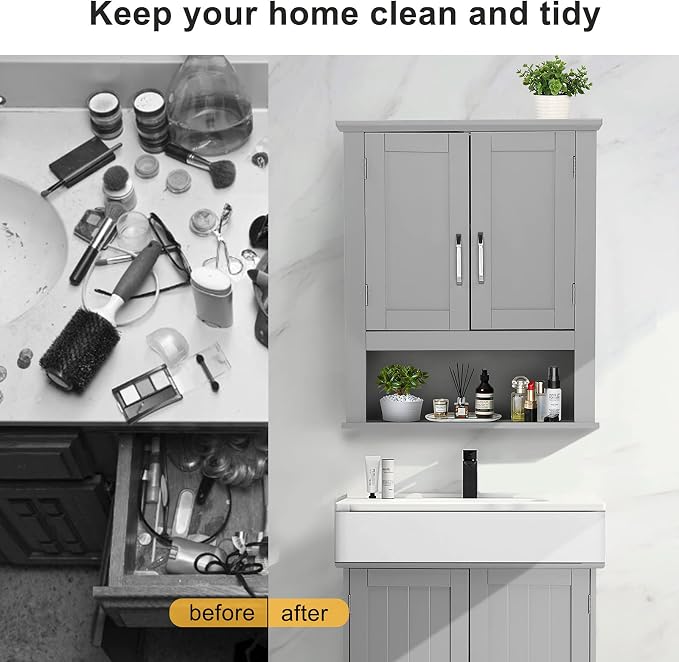 VINGLI Medecine Cabinet with 2 Doors Bathrooom Wall Cabinet Grey Over The - Image 6