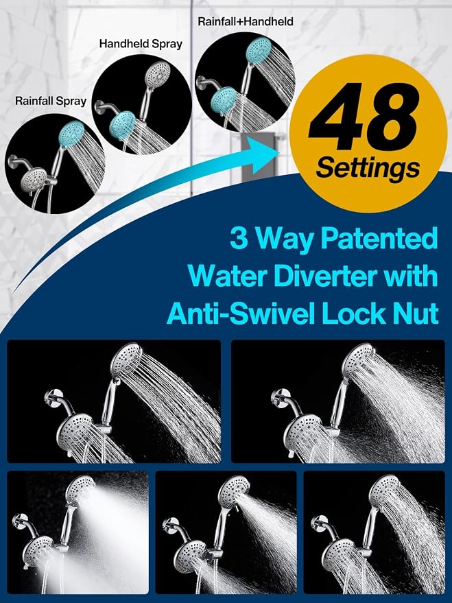 Cobbe 48-Setting High Pressure 3-Way Shower Head Combo, Hand Held Shower & Rain - Image 3