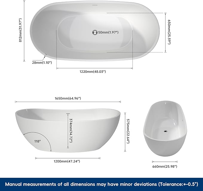 65" Acrylic Freestanding Bathtubs, Stand Alone Tub, Soaking Tubs - Image 4