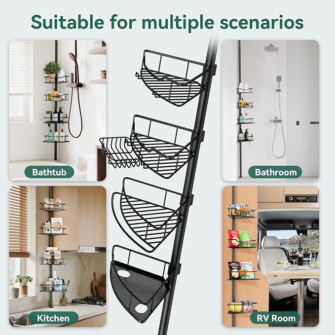 Corner Shower Caddy Tension Pole, 4 Tier Rustproof Shower Tension Rod Organizer - Image 8