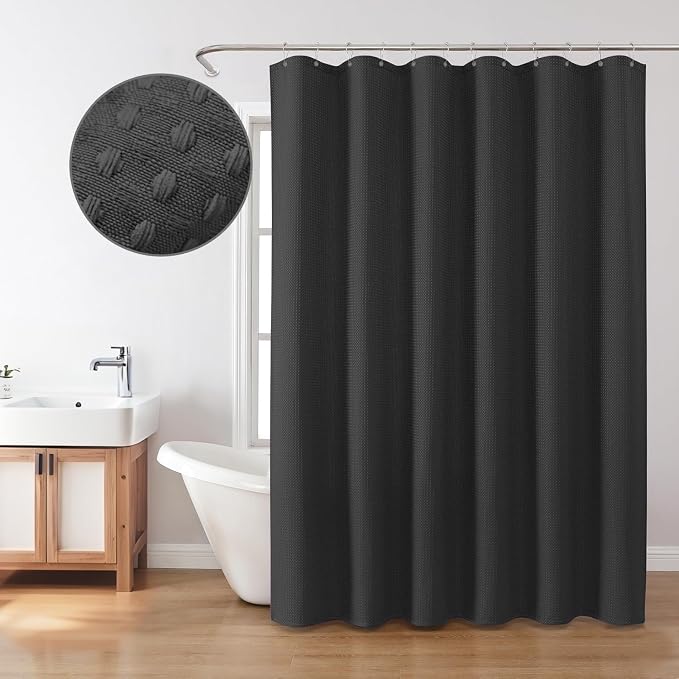 Inhousolu Fabric Shower Curtain Waffle Weave, 230 GSM Heavy Duty, Weighted Hem - Image 7