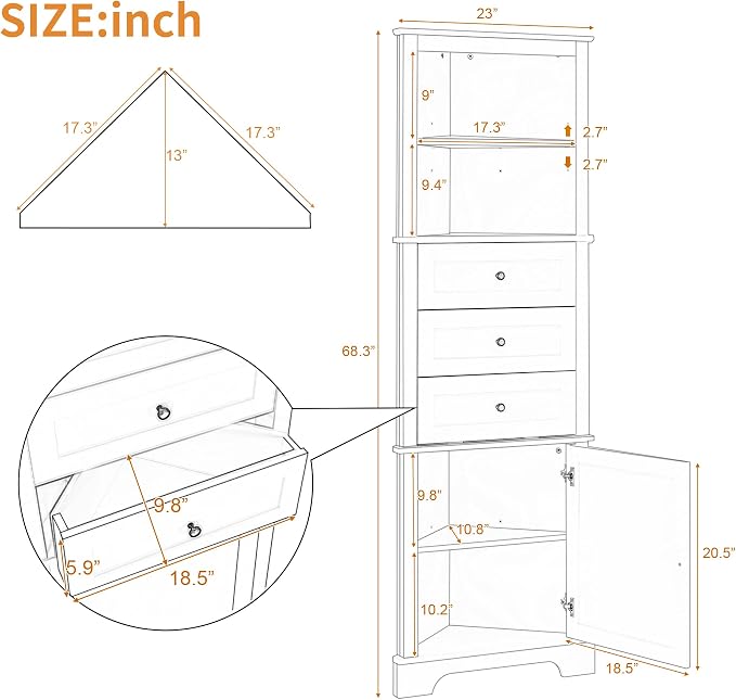 69" H Tall Corner Cabinet with Adjustable Shelves and Drawers, Storage - Image 2