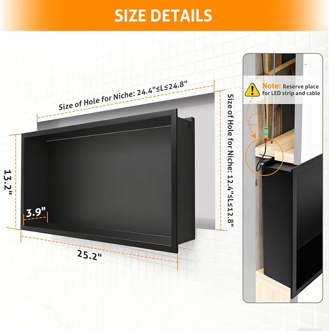 WICHEMI Stainless Steel Shower Niche 24" X 12", No Tile Needed Wall Niche - Image 2