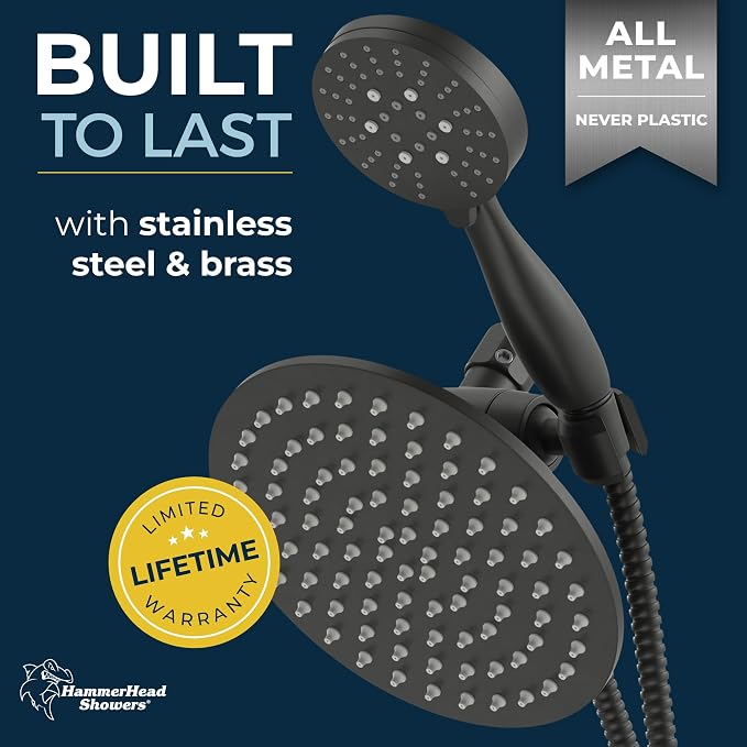 HammerHead Showers Dual Shower Head Combo, 8-Inch Rainfall & 3-Flow Handheld - Image 2