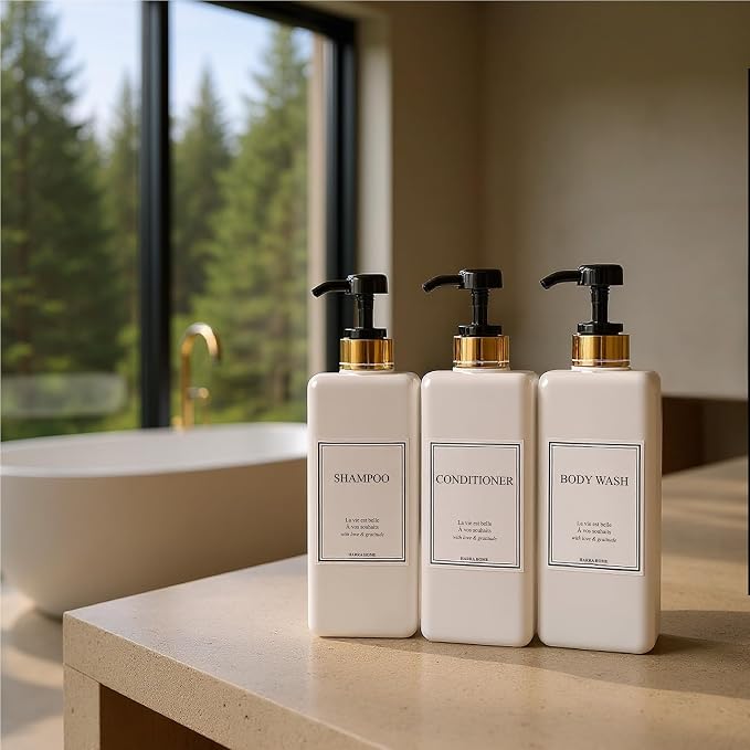Modern Gold Design Pump Bottle Set 27 oz Refillable Shampoo and Conditioner - Image 4
