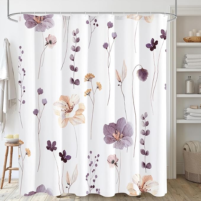 Gibelle Long Shower Curtain 72 x 78, Watercolor Floral Fabric Shower Curtain by Gibelle
