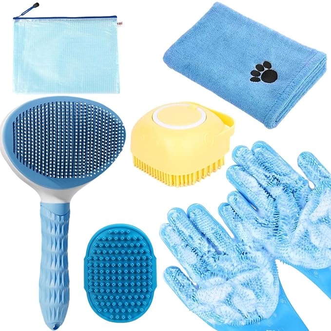Bath Grooming Kit with Hair Brush, Towel & Scrubber Gloves by KUEIOX