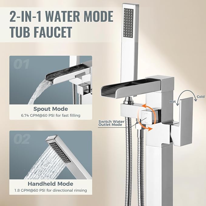 Free Standing Tub Faucet Chrome: ALEASHA High Flow Max 6.74 GPM Free Standing - Image 3