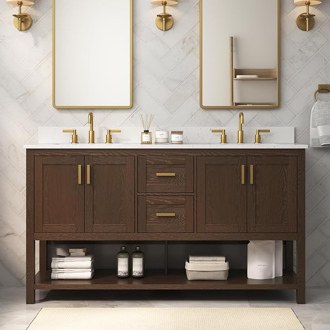 60 Inch Bathroom Vanity with Sink, Farmhouse Storage Cabinet with Drawers & by DELUXELIVING