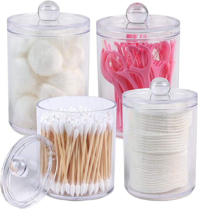 4 Pack Acrylic Qtip Holder Dispenser, Bathroom Canisters Apothecary Jar Set by Aynoo