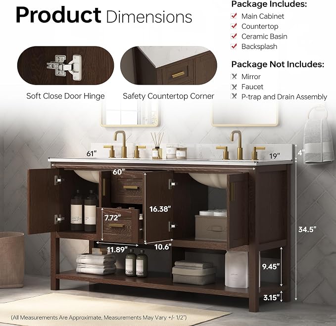 60 Inch Bathroom Vanity with Sink, Farmhouse Storage Cabinet with Drawers & - Image 2