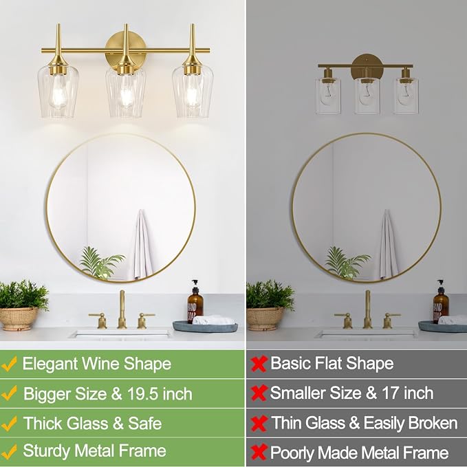3-Light Bathroom Light Fixtures, 19.5 Inch Brushed Gold Vanity Lights - Image 2
