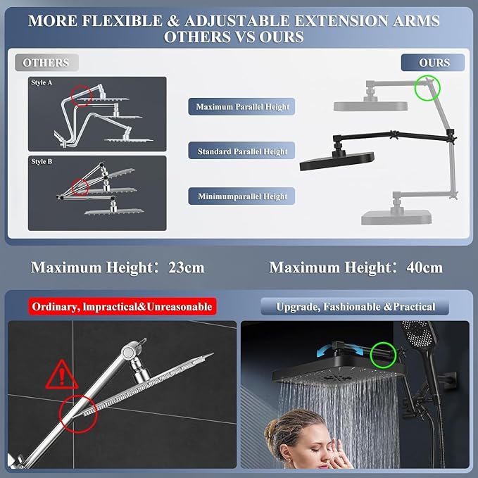 14 Inch Large Shower Head with Handheld Spray Combo and Extention Arm, Rain - Image 4