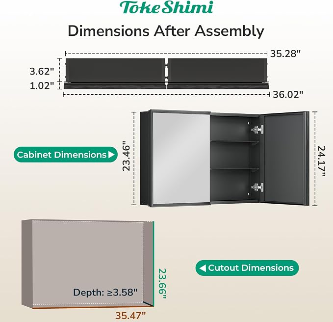 TokeShimi 36 x 24 Black Recessed Medicine Cabinets, Assembly Required, Bathroom - Image 2