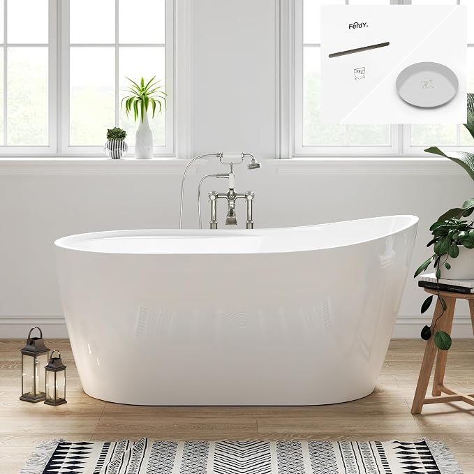 FerdY Lana'i 60" Freestanding Bathtub, Gracefully Shaped Freestanding Soaking by FerdY