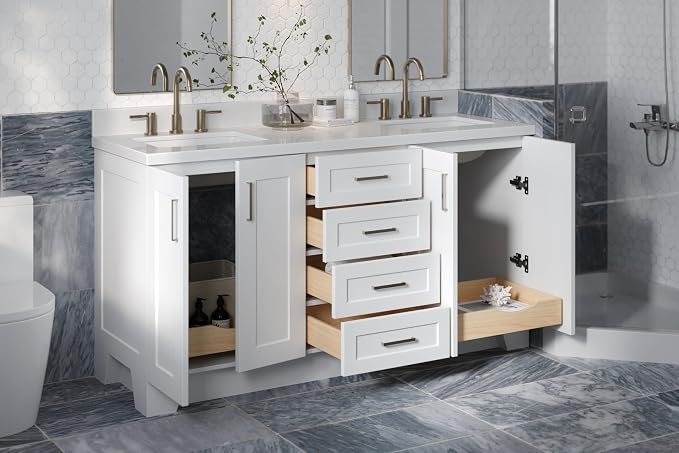 ARIEL Taylor 67" White Double Vanity, 1.5" Edge Pure White Quartz Countertop & - Image 3