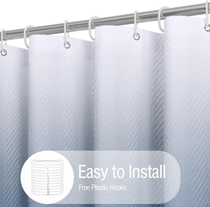 Gibelle Ombre Blue Shower Curtain, 3D Embossed Textured Herringbone Fabric - Image 7