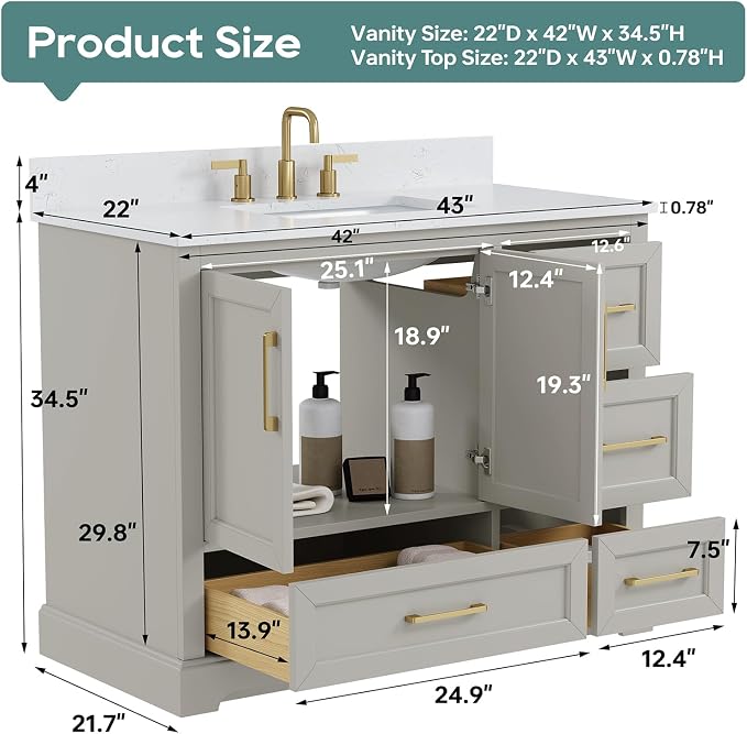 42 Inch Bathroom Vanity with Sink Combo, Solid Wood Frame with Marble Top - Image 2