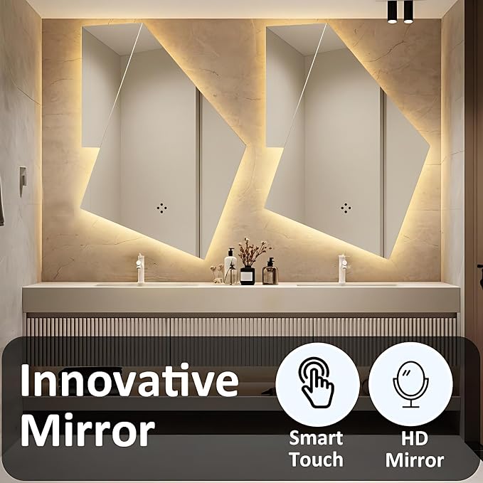 Double Basin Floating Bathroom Vanity, LED Defogging Mirror, Striped 3 Drawers - Image 3