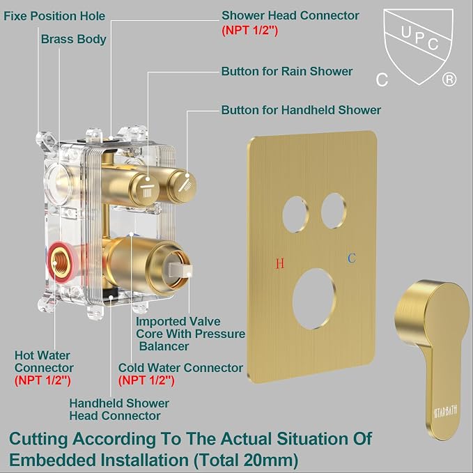 Brushed Gold Shower System, STARBATH 12 inch Rainfall Shower Head - Image 6
