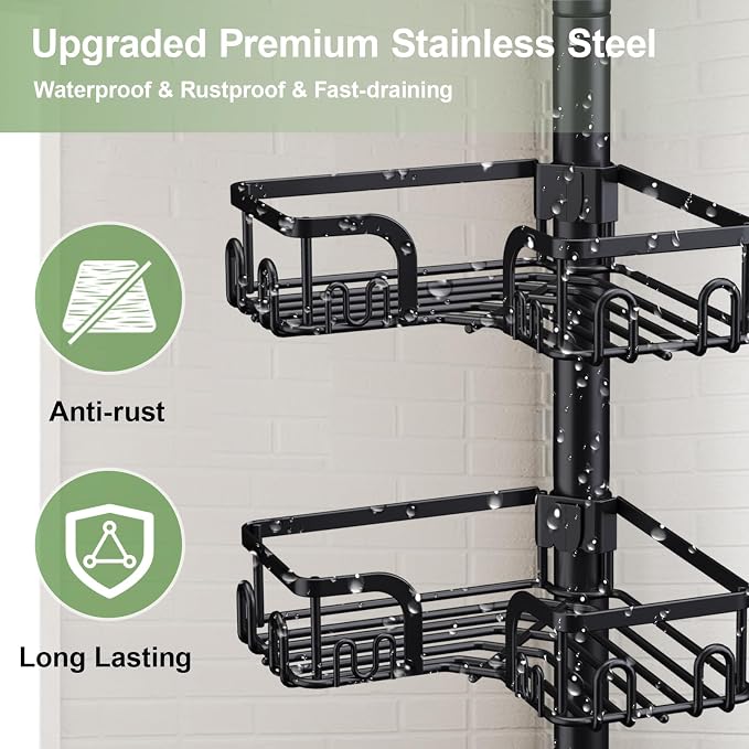 Corner Shower Caddy Tension Pole, 4-Tier Rustproof Bathroom Organizer Storage - Image 5