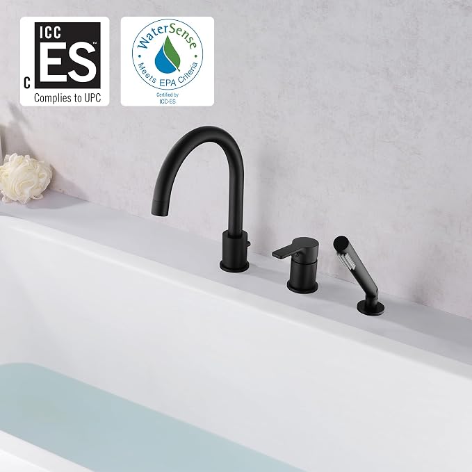 SUMERAIN Matte Black Roman Tub Faucet 3 Holes Deck Mount Bathtub Faucet - Image 2
