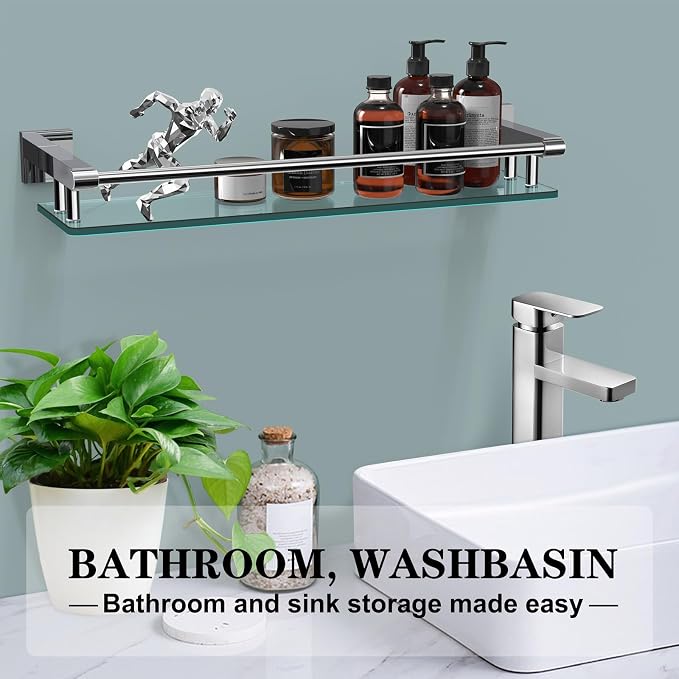 Glass Shelves for Bathroom, 20IN Rectangular Chrome Stainless Steel Tempered - Image 3
