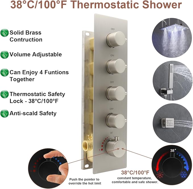 HOMEDEC Modern Solid Brass Concealed 4-Function Thermostatic Shower Diverter - Image 3