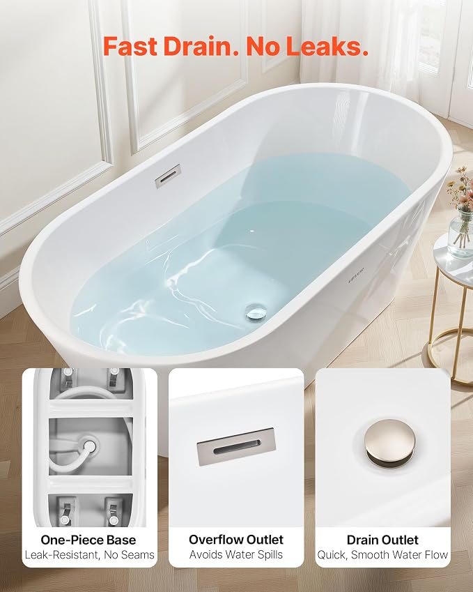 VEVOR Acrylic Freestanding Bathtub, 59 Inch Contemporary Soaking White Tub - Image 4