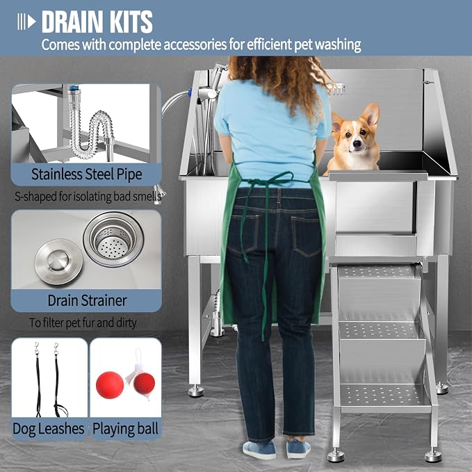 38" Pet Dog Bathing Station W/Ramp, Professional Stainless Steel Dog Grooming - Image 4