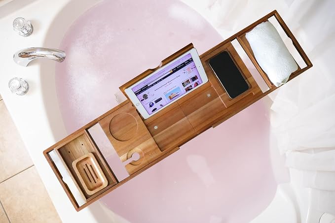 XcE Foldable Acacia Wood Bathtub Caddy Tray - Image 4