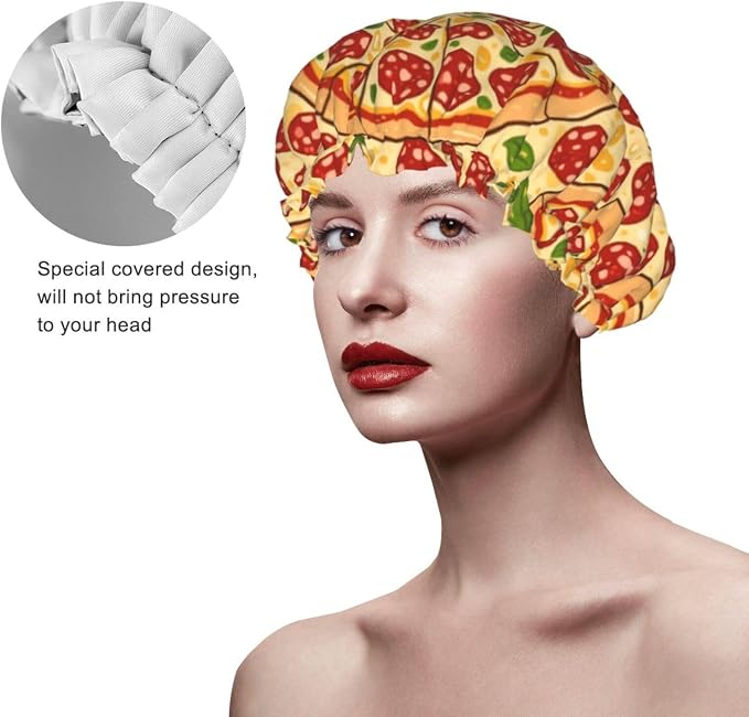 Double Layers Shower Caps for Women, Pepperoni Pizza Art Hair Bath Hat Reusable - Image 4