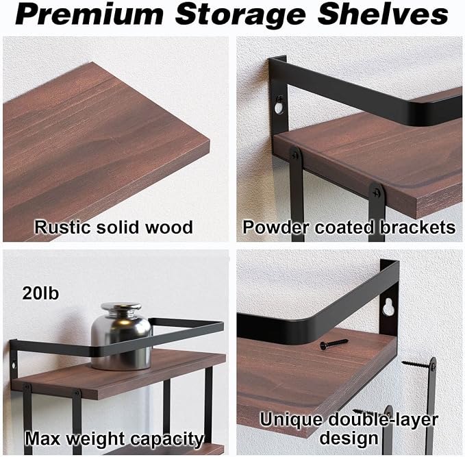 RICHER HOUSE 2+1 Tier Wall Mounted Floating Shelves Set of 2, Rustic Wood Shelf - Image 3