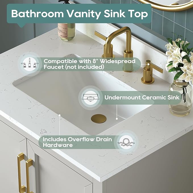 30 Inch Bathroom Vanity with Sink Combo, Solid Wood Frame with Mable Top - Image 5