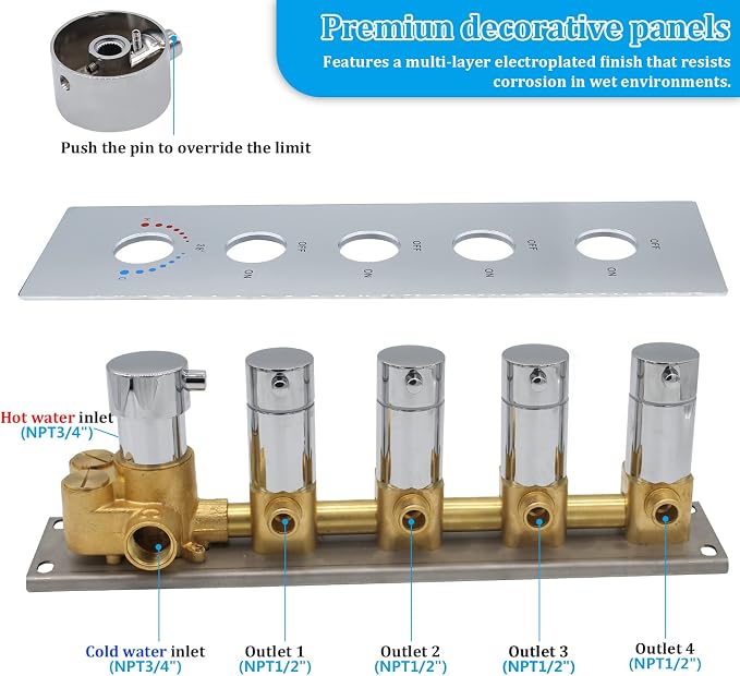 HOMEDEC 4-Way Shower Diverter Valve Can Run Together, Concealed Thermostat 5 - Image 4