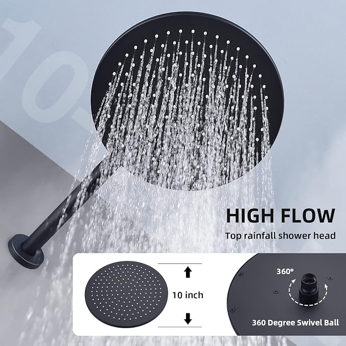 TRUSTMI 10 Inch Matte Black Shower System Push Button Diverter Wall Mounted - Image 5