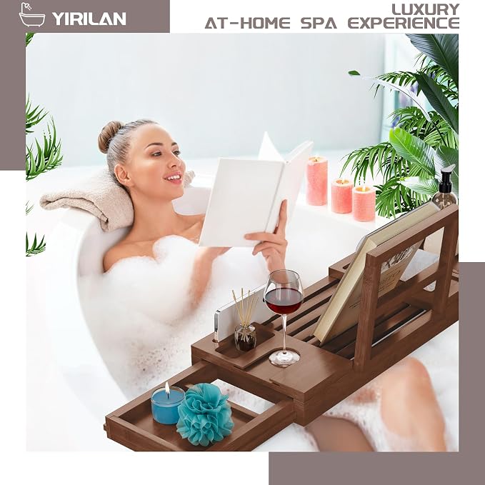 Yirilan Bamboo Bathtub Tray, Expandable Bathroom Tray - Image 4
